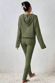Army green ribbed knit cropped hoodie and matching leggings set.