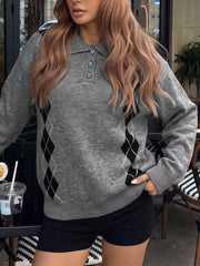Argyle Patterned Polo Collar Sweater in Dark Gray, front view