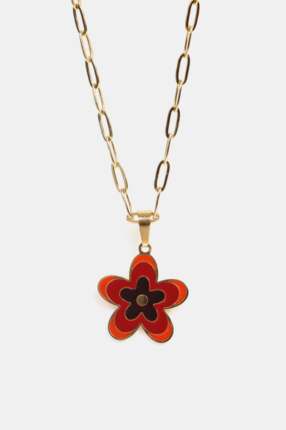 18K gold-plated chain necklace with a deep red enamel floral pendant.