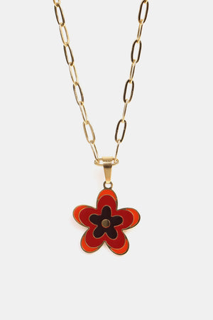 18K gold-plated chain necklace with a deep red enamel floral pendant.