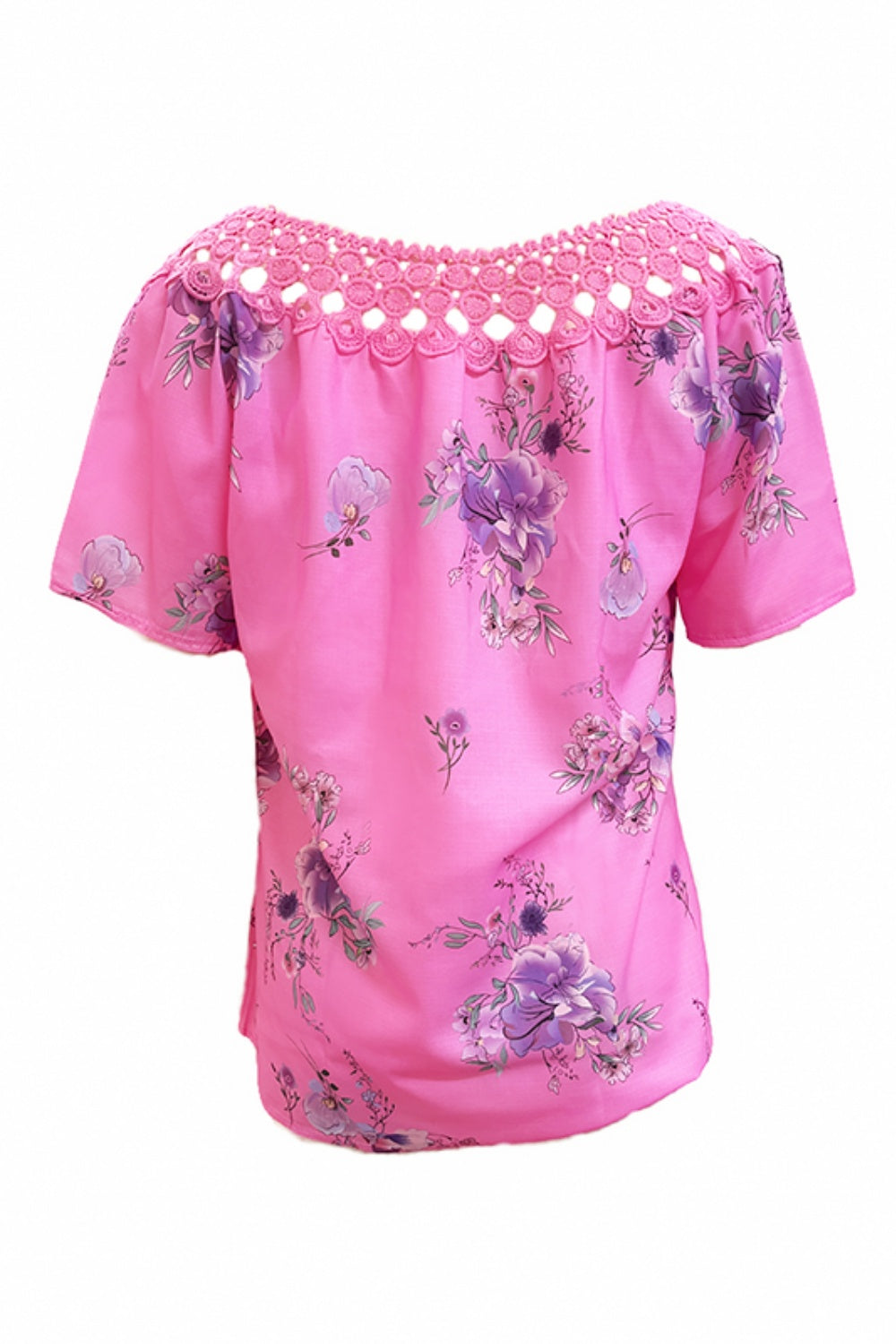 Hot pink floral blouse with lace yoke and short sleeves