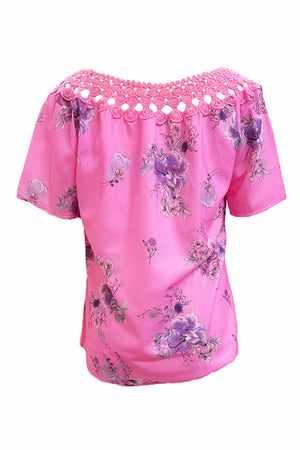 Hot pink floral blouse with lace yoke and short sleeves