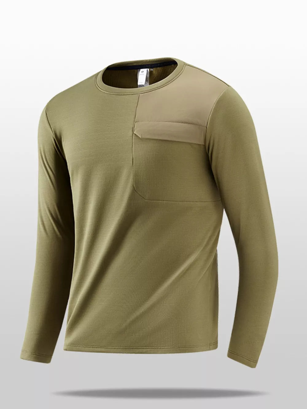 Men's olive brown long sleeve crew neck tee with a chest pocket and contrasting shoulder panel.