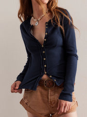 Dark Navy ribbed button-up second-skin top with a deep V-neckline and button closure.