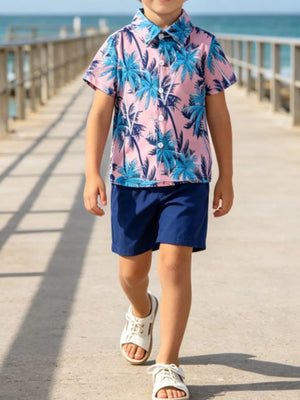 Baby boy tropical print shirt and navy shorts outfit