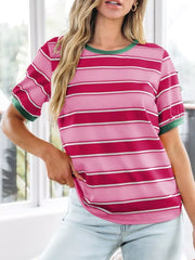 Classic striped crew neck tee in pink and white with green trim.
