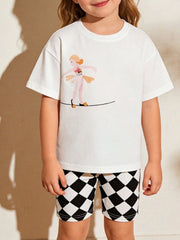 White graphic tee with tight-fitting checkerboard shorts set for baby girls.