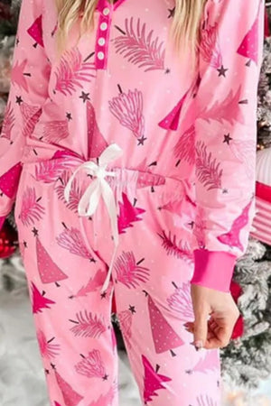 Pink festive print henley pajama set with button detail and drawstring waist.