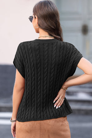 Black cable knit cap sleeve top with textured knit detail