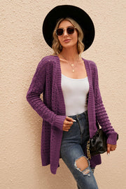 Purple perforated knit longline cardigan with open front and long sleeves.