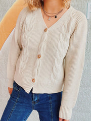 Beige cable knit raglan cardigan with V-neck and button front