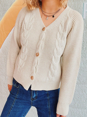 Beige cable knit raglan cardigan with V-neck and button front