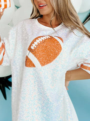 White sequin oversized tee dress with football graphic and striped sleeves.