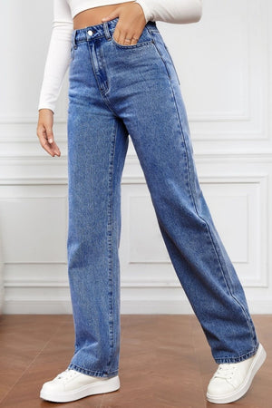 Light blue denim wide-leg jeans with a sculpted waist and button closure.