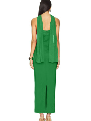 Green ruched strapless maxi dress with sheer overlay and back slit