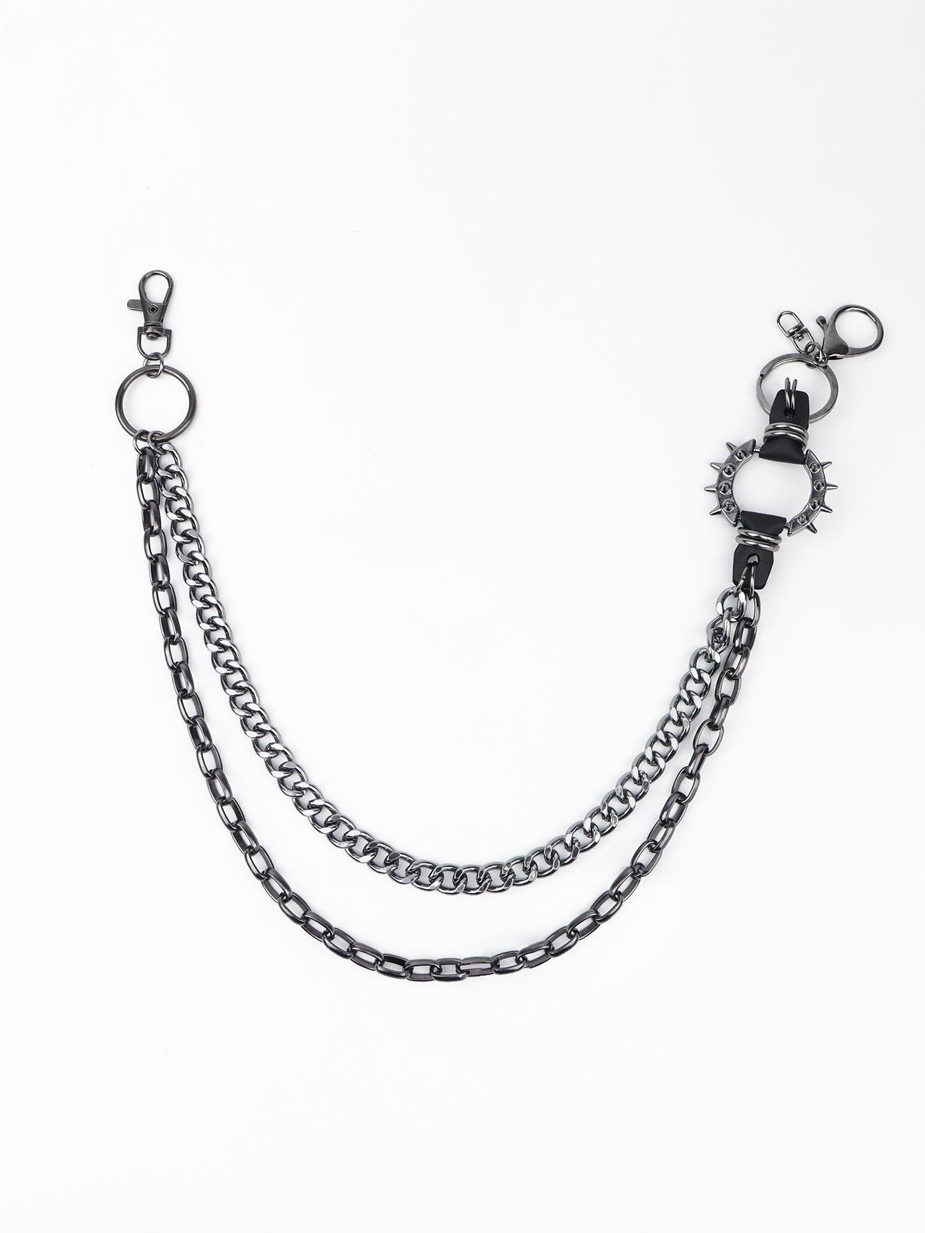 Black spiked chain harness belt with double layered chains and lobster clasps.