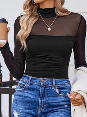 Black sheer mesh high neck maternity shirt with ruched detail.