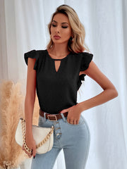Black dotted swiss keyhole ruffle sleeve blouse with a v-neckline.
