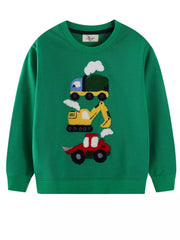 Kids' green cotton blend sweatshirt with cartoon truck, excavator, and car applique.