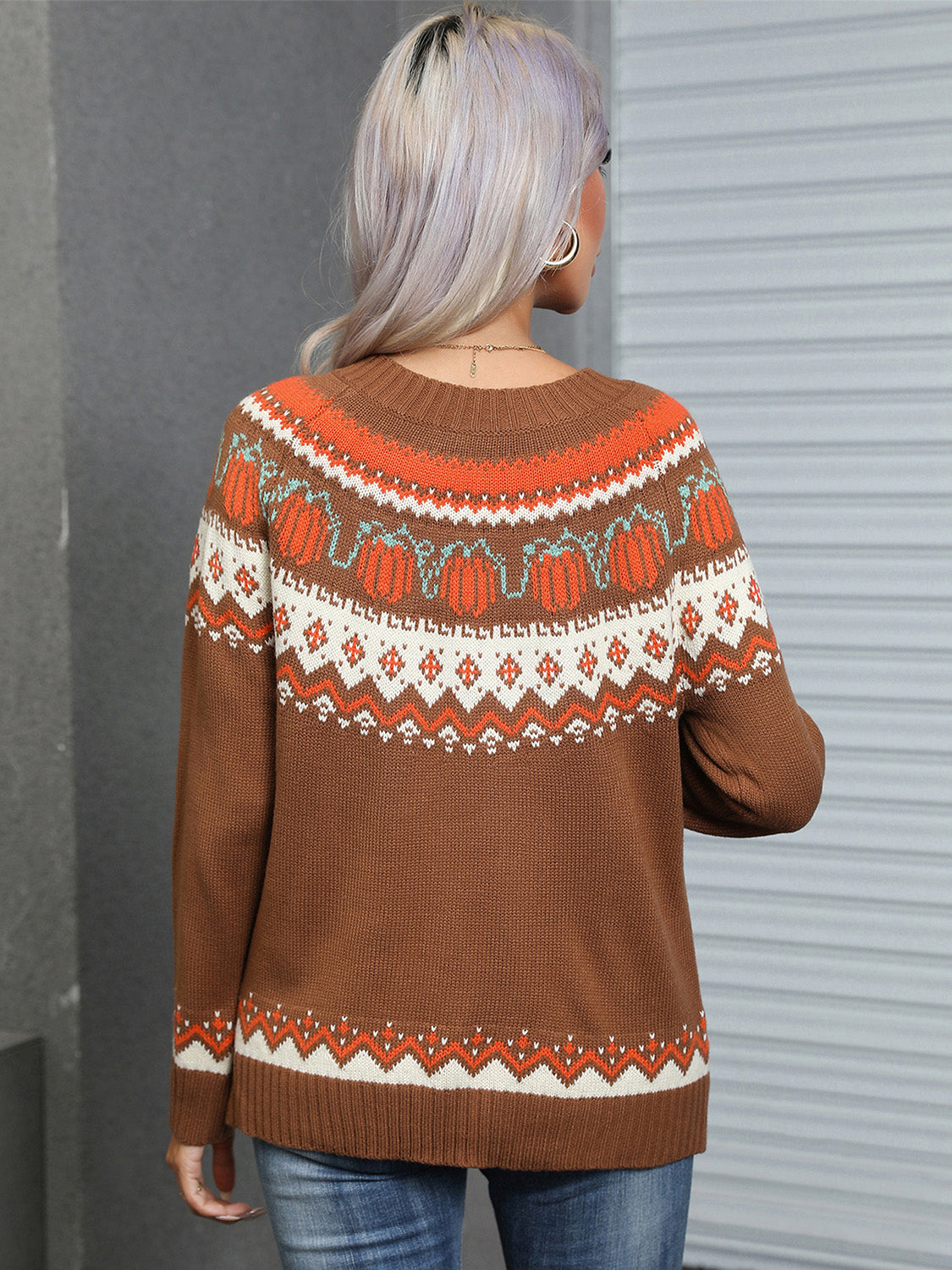 Brown acrylic crewneck sweater with pumpkin Fair Isle pattern