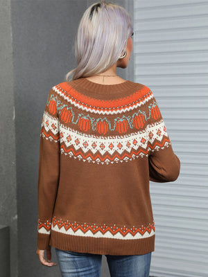 Brown acrylic crewneck sweater with pumpkin Fair Isle pattern