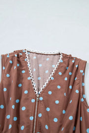 Brown polka dot midi dress with zipper and lace trim neckline