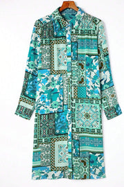 Patchwork print duster shirt jacket in turquoise with button front and long sleeves.