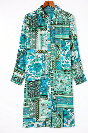 Patchwork print duster shirt jacket in turquoise with button front and long sleeves.