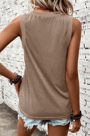 Khaki textured V-neck sleeveless top with ribbed shoulder detail