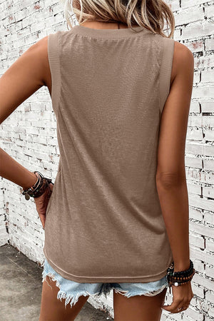 Khaki textured V-neck sleeveless top with ribbed shoulder detail