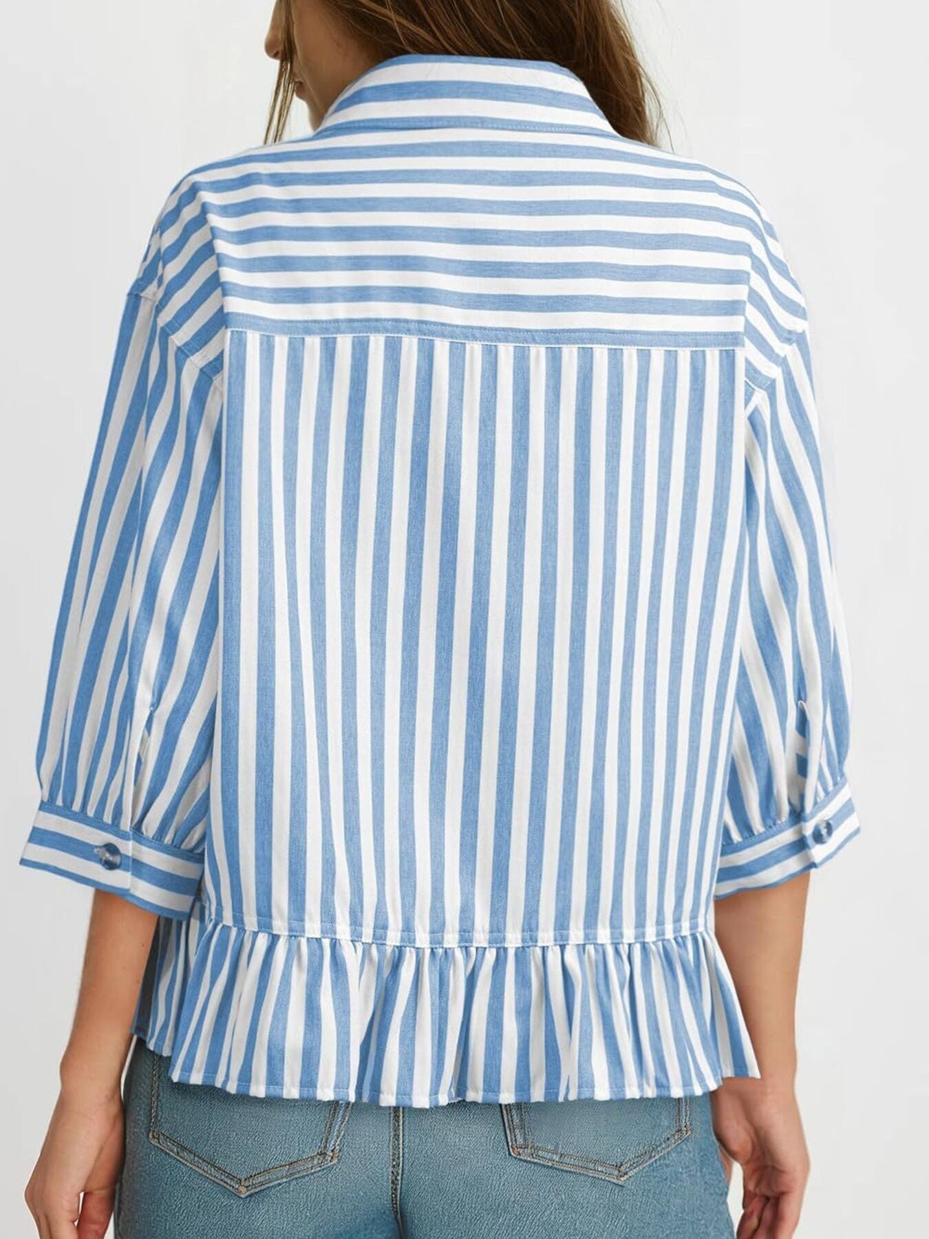 Button-down shirt with ruffle hem in sky blue and white stripes, 3/4 sleeves