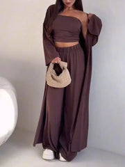Strapless Ruched Crop Top & Wide-leg Pants Set in Black, side view