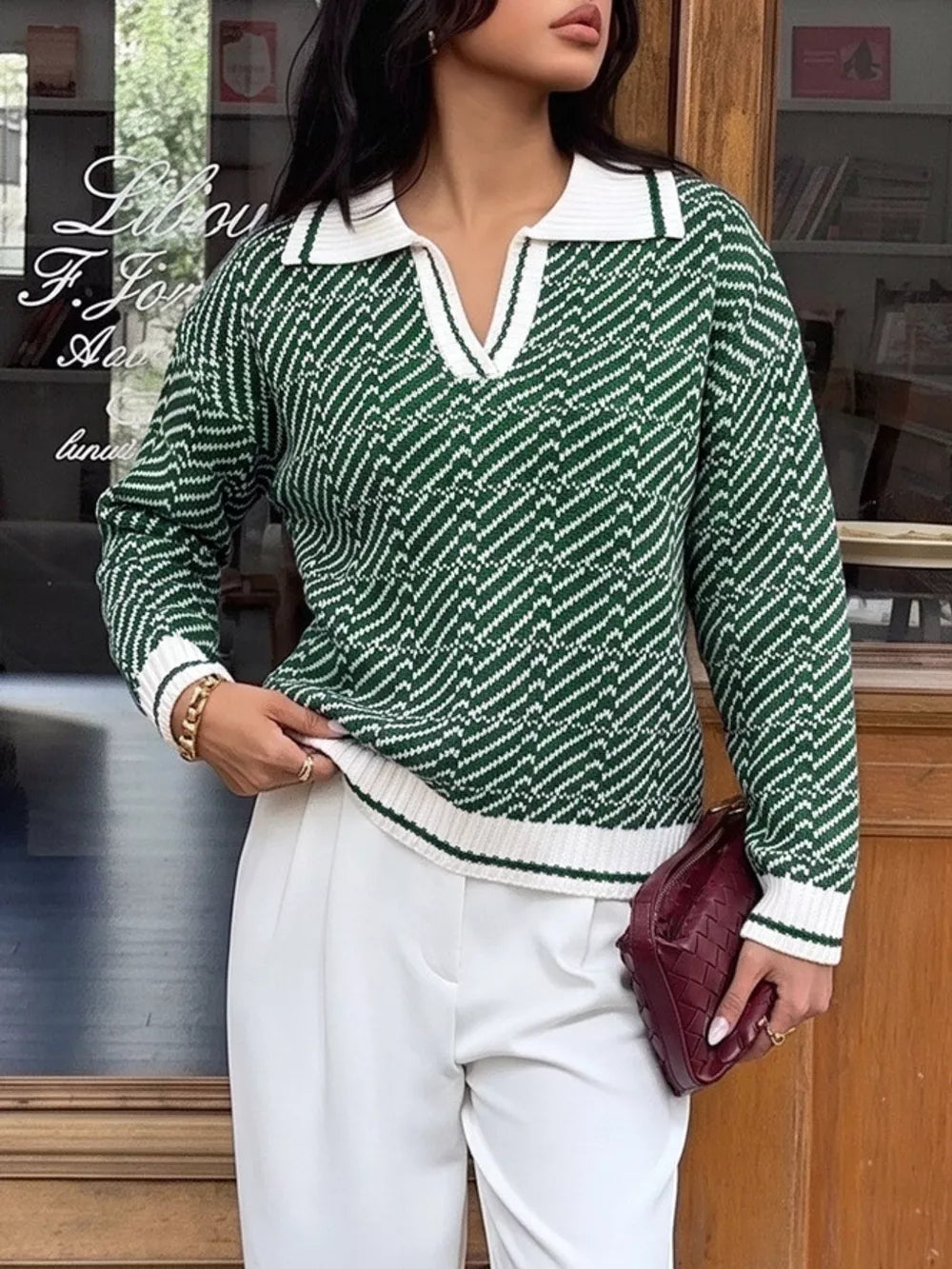 Geometric Patterned Collared Sweater in Green, close-up detail