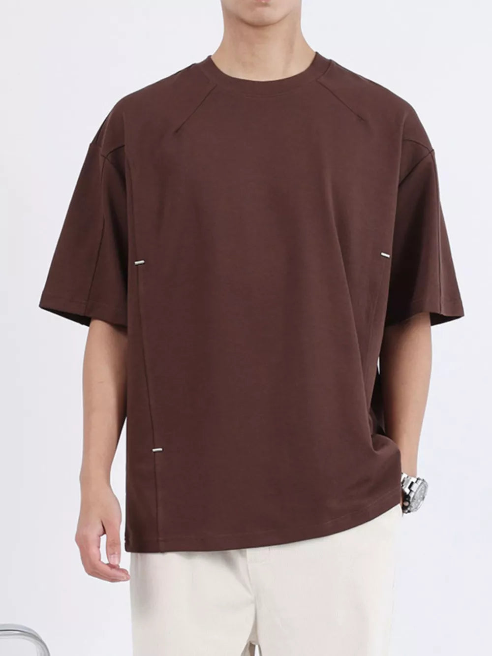 Men's dark brown cotton crew neck oversized t-shirt with unique seam details