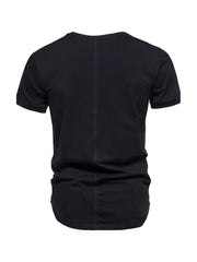 Black cotton t-shirt with round neck, short sleeves, and a vertical seam down the back.