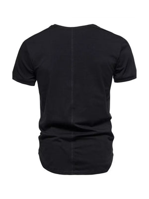 Black cotton t-shirt with round neck, short sleeves, and a vertical seam down the back.