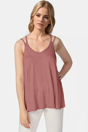 Double strap trapeze cami in dusty pink bamboo fabric with a V-neckline.