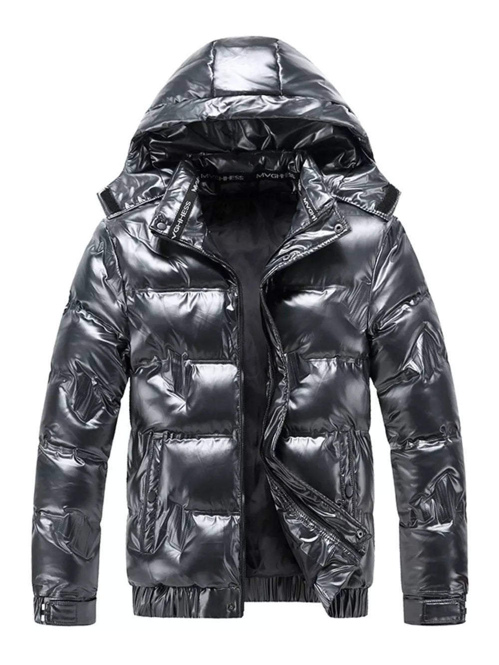 Men's reflective hooded puffer jacket in silver with a shiny finish and zip closure.