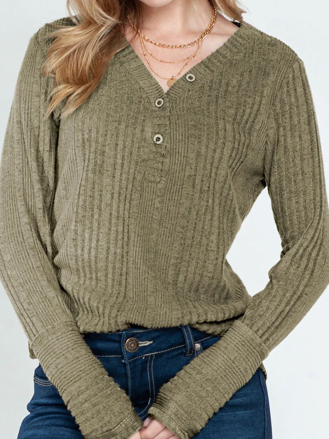 Textured matcha green henley shirt with ribbed cuffs and button placket.