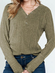 Textured matcha green henley shirt with ribbed cuffs and button placket.