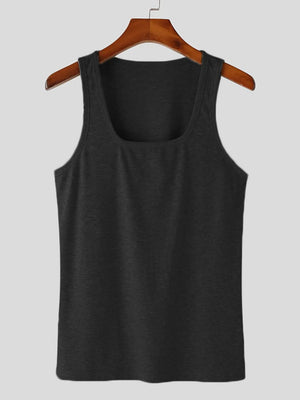 Black ribbed square neck tank top with a casual, chic style.