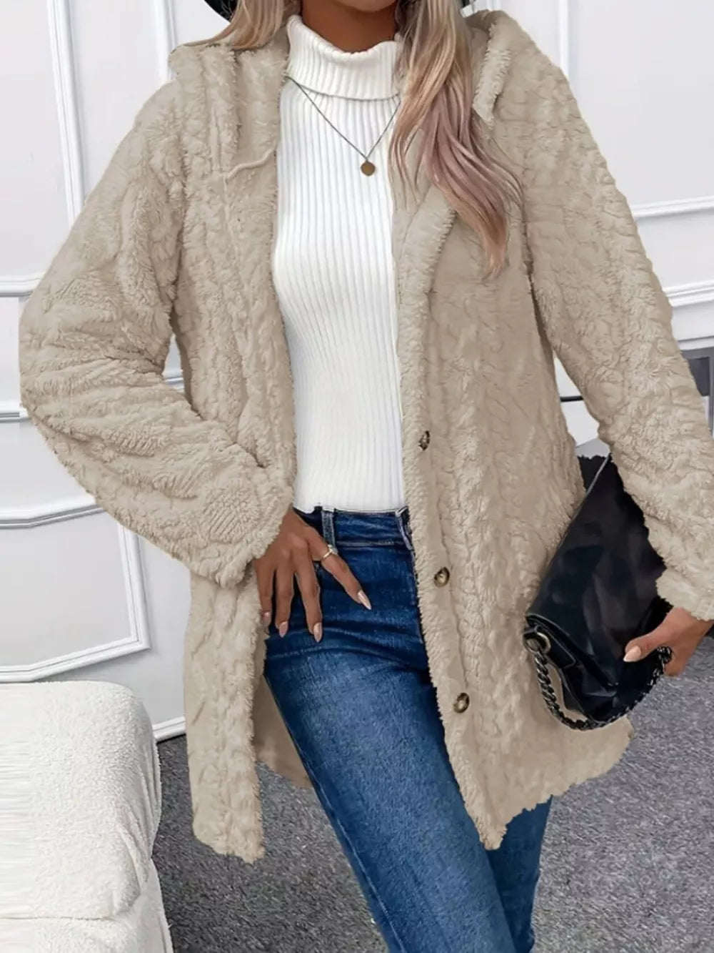 Camel fuzzy hooded trench coat with button detail