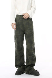 Army green camouflage cargo pants with multiple pockets and a relaxed fit.