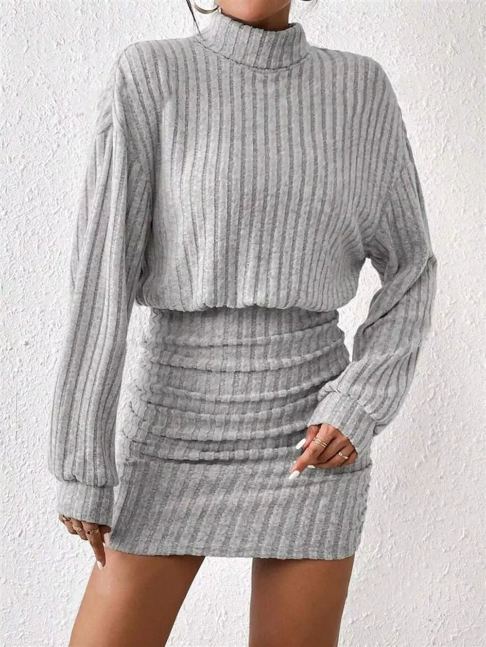 Light Gray ribbed turtleneck mini dress with ruched detail and long sleeves