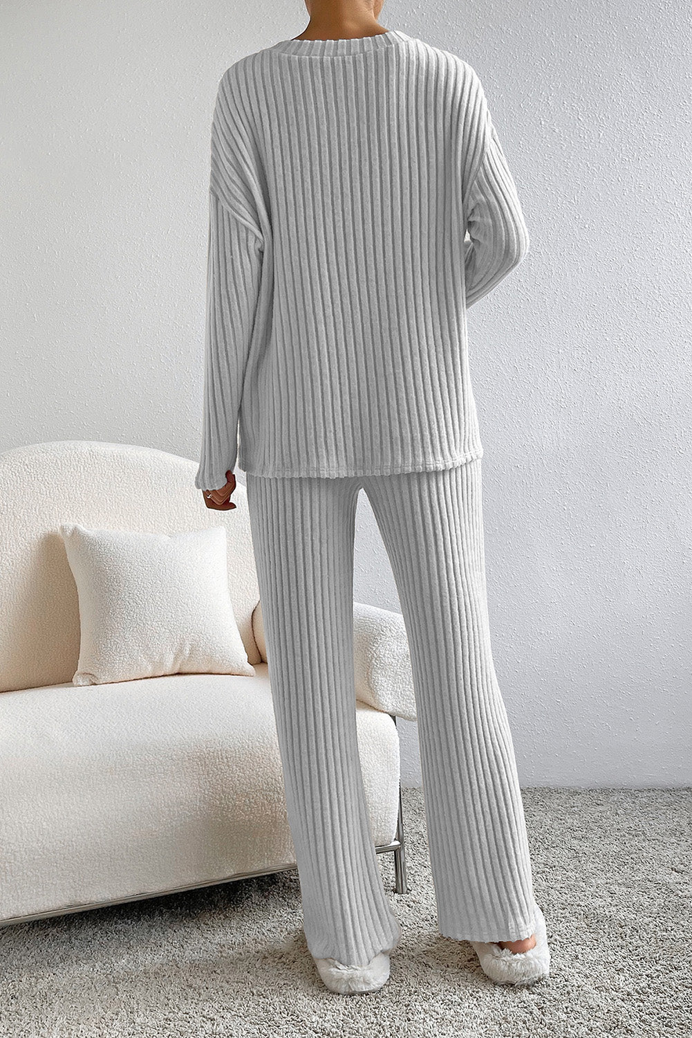 Light Gray ribbed knit lounge set with wide-leg pants and long sleeves.