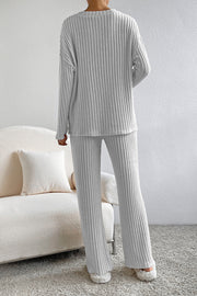 Light Gray ribbed knit lounge set with wide-leg pants and long sleeves.