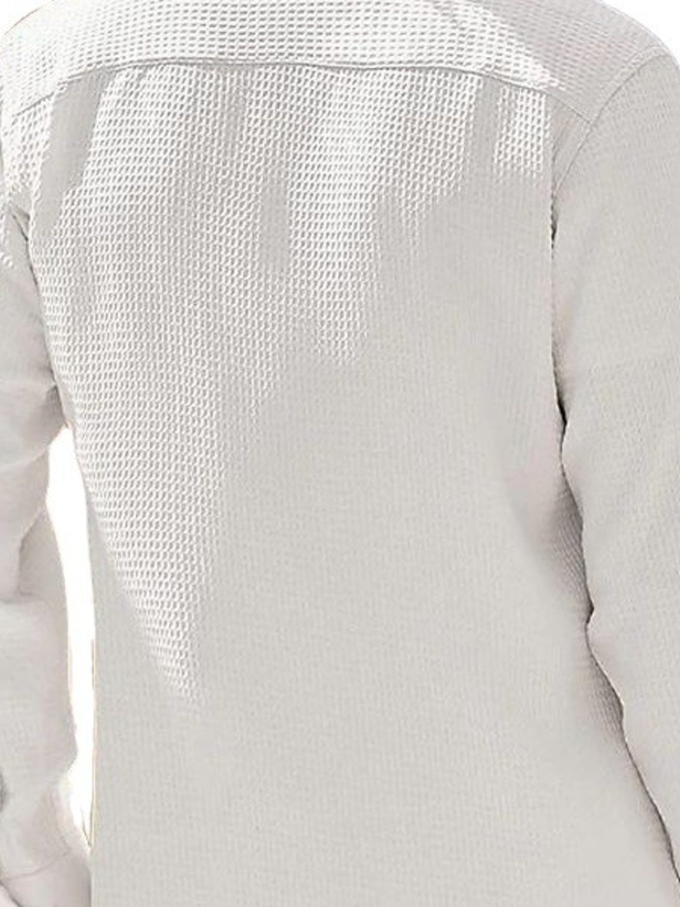 Men's white waffle knit button-up shirt with long sleeves.