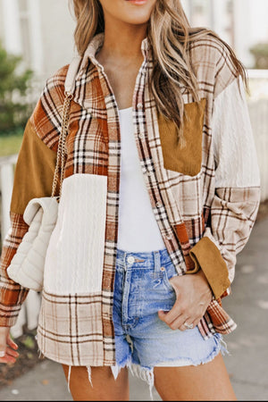 Patchwork plaid knit shacket in sherbet with corduroy and cable knit details.