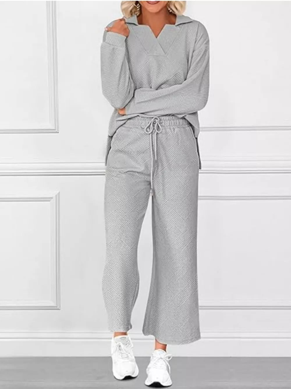 Gray V-neck textured lounge set with diagonal pattern pants and long sleeves.