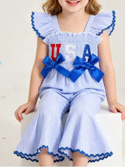 Children's Usa Themed Ruffled Sleeve Smocked Jumpsuit in Blue, front view